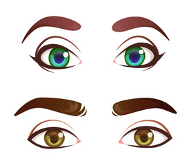 Set of big eyes, blue and brown color. Man and woman eyes. Cartoon style. Vector illustration isolated on white background