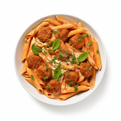 Penne with Vodka Sauce and Mini Meatballs isolated on a white background in the top view