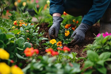 Close-up of a gardener's hands planting flowers in a lush garden, with vibrant colors and natural light
