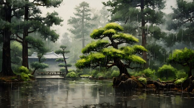 Japanese garden pine trees in spring rain.