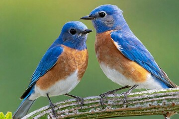 Two male bluebirds on perch