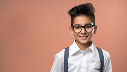 A boy with a stylish hairstyle in a white shirt with suspenders.