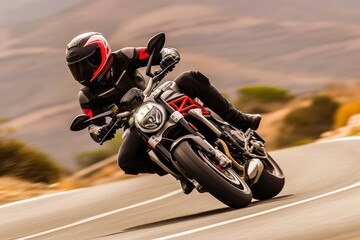 Dynamic image of a motorcyclist in full gear leaning into a turn on a scenic road.