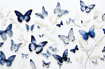 Colorful photorealistic blue butterflies white background