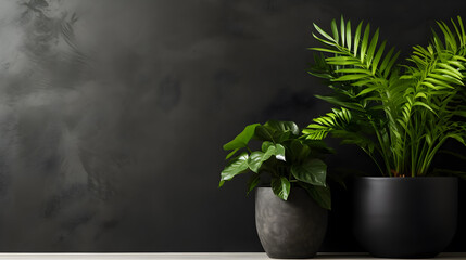 Black Marquina Marble with potted plants with copy space