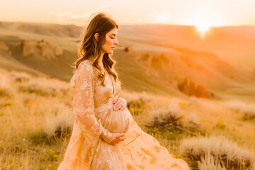 A serene pregnant woman in an elegant dress standing in a field during a beautiful sunset, surrounded by nature.