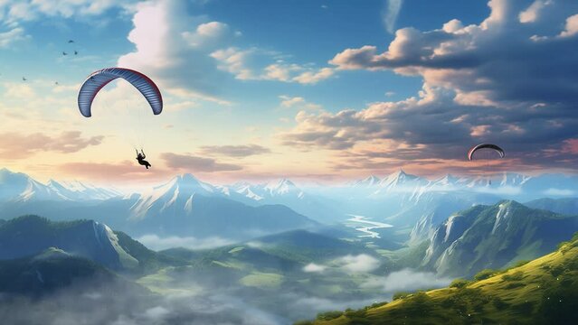 Paragliding Adventure Outdoor Sports and Activities. paragliding in cartoon style. seamless looping overlay 4k virtual video animation background 