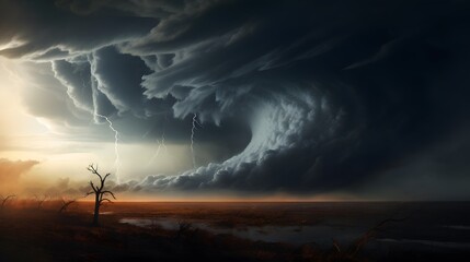 Massive tornado or turbulence forming on a horizon. - obrazy, fototapety, plakaty
