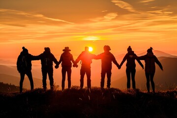 Silhouettes of friends holding hands against a stunning sunset, symbolizing friendship and teamwork in a beautiful natural setting.