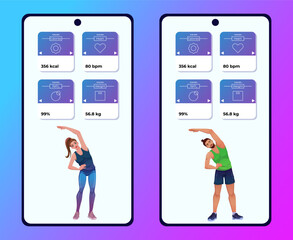 Activity fitness app for health concept. Set of smartphone screens with sporty woman and man in cartoon style. Web design and mobile template. Vector illustration