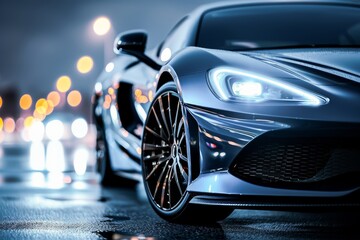 A luxury sports car on a city street at night with its headlights on and illuminated city lights in the background. - obrazy, fototapety, plakaty