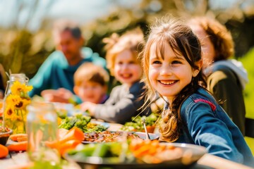 Happy family enjoying a summer garden picnic with a smiling child at the foreground. A sunny day of outdoor dining and togetherness.