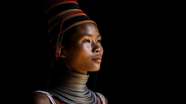 Kayan tribe woman of Northern Thailand wearing brass neck rings, black background