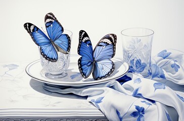 Colorful photorealistic blue butterflies on a table white background with flowers clean line work, dark white and light white, playful watercolors, precisionist lines,plate,  glass tumblers