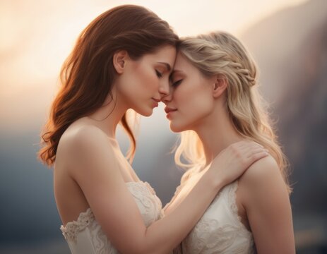 LGBT couple, two girls kissing with their eyes closed. Happy multiethnic gay couple feeling love. Wedding, romance, travel and dating concept.