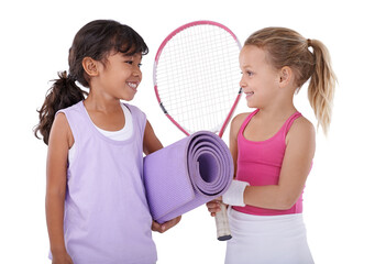 Tennis, happy and children on a white background for sports training, workout and exercise. Fitness, friends and isolated young kids with yoga mat, racket and gym equipment for hobby in studio