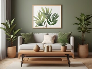 Warm cozy spring living room interior composition with mock up poster frame, wooden sideboard, white sofa, green stand, base with leaves, plants and stylish lamp, home decor. Generative AI