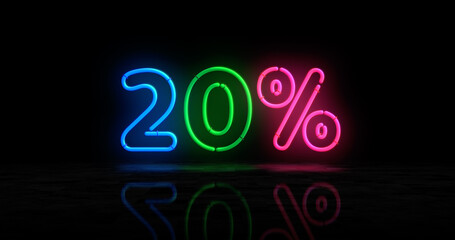 20% percent off neon light 3d illustration