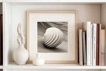 Modern home decor: A white frame placed on a wooden bookshelf. Generative AI