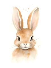 Obraz premium Illustration of an adorable Bunny Head in light brown Watercolors on a white Background. Minimalistic Card Template with Copy Space