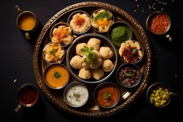 Gol Gappa Culinary Extravaganza, A Visual Symphony of Crispy Hollow Puffs, Filled with Spiced Water and Tangy Chutneys - obrazy, fototapety, plakaty