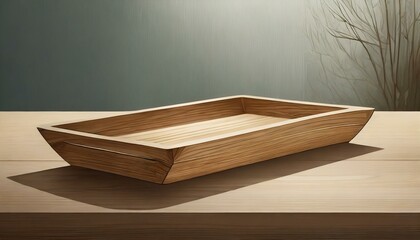 a wooden tray, highlighting its simple yet elegant design. Use subtle shading and clean lines to emphasize the beauty of the tray's form. - obrazy, fototapety, plakaty