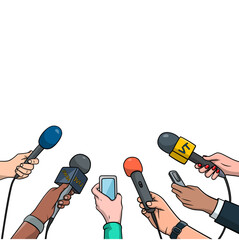 Journalism Concept Vector Illustration In Pop Art Comic Style Set Of Hands Holding Microphones And Voice Recorders Hot News Template Isolated On White Background vectors