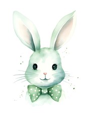 Fototapeta premium Illustration of an adorable Bunny Head in light green Watercolors on a white Background. Minimalistic Card Template with Copy Space