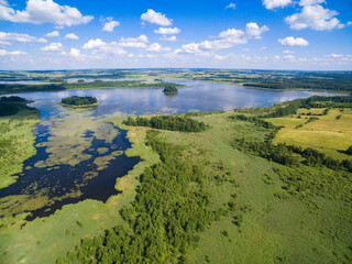 Aerial view of beautiful landscape of Seven Island Lake Nature Reserve, Oswin Lake, Mazury region, Poland