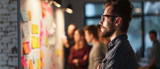 A young man staff standing with colleague near with meeting board, business man in a meeting, teamwork and planning with brainstorming, feedback and review, share ideas