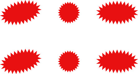 Starburst red sticker set - collection of special offer sale oval and round shaped sunburst labels and badges. Promo stickers with star edges. Vector.
