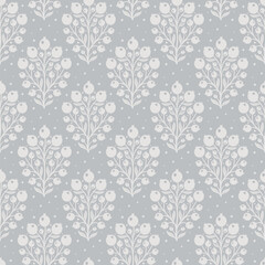 Hand drawn decorative doodle berries seamless pattern, silhouette scandinavian simple flower texture