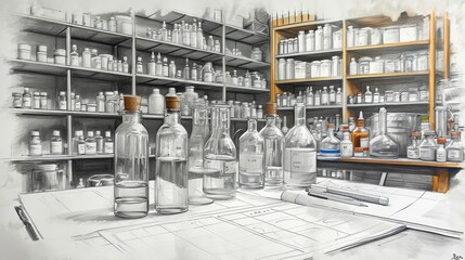 Chemistry laboratory interior, Lab equipment drawing, glass bottles and experiment flasks  - obrazy, fototapety, plakaty