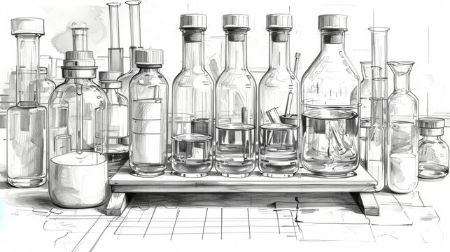 Laboratory equipment drawing, glass bottles and experiment flasks closeup view.  