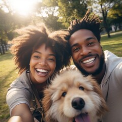 african american young couple sit in park together with dog and take selfie, man and woman with retriever - obrazy, fototapety, plakaty