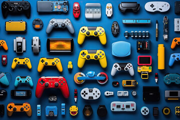 Assorted Video Game Controllers Arranged Neatly in a Flat Lay Top View Creative Color Design Concept