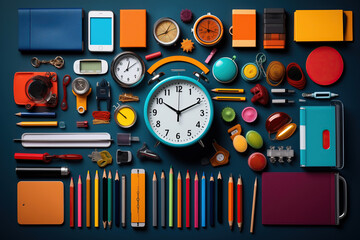 A Clock Surrounded by School Supplies and Pencils, Top View Creative Color Design Concept