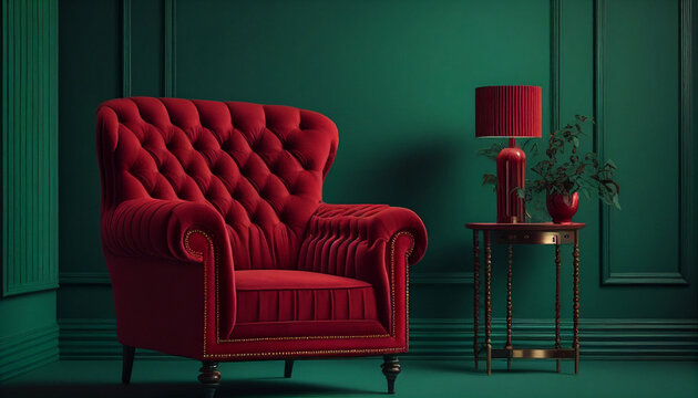 Beautiful luxury classic velvet red clean interior room in classic style with velvet red soft armchair. Vintage antique velvet chair standing beside emerald wall. Ai generated image