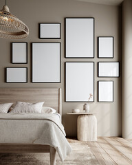 Mock up poster frame in bedroom interior, 3D render, 3D illustration	