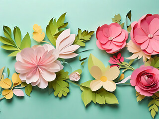 Paper cut flowers and leaves. Spring background. AI Generated