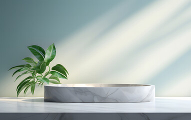 a marble desk with palm leaves in the room ai generative