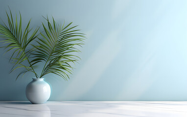 Obraz premium a marble desk with palm leaves in the room ai generative