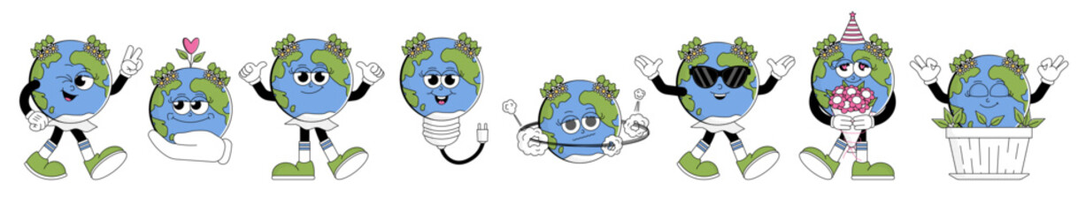 Retro Earth characters cartoon style. Funky globe mascot with psychedelic smile face. Earth day or Save green planet concept. Set of groovy vector illustration isolated on background.