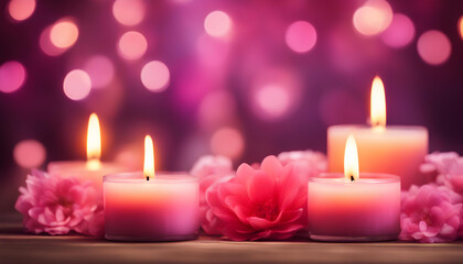 Obraz na płótnie Canvas Pink candles background on wooden table surrounded with pink flowers.