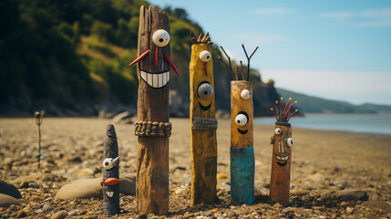 cartoon beach wood sticks with face eyes in the sand