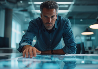 Professional Man Analyzing Data on a High-Tech Digital Table in a Corporate Office