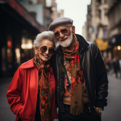 Obraz premium Two stylish elderly aged people, casual clothes, man woman hugging couple, city street, streetstyle