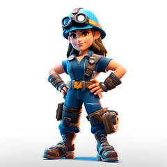 Obraz na płótnie Canvas A female mechanic in a blue uniform, with her accessories and a helmet, ready to repair any car, automobile or even an airplane. 3D rendering concept design illustration.