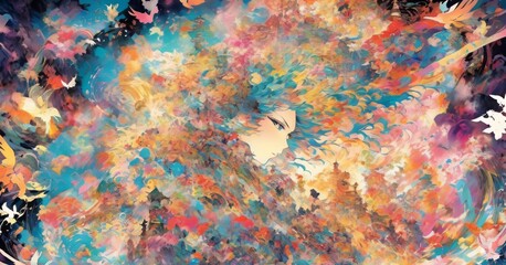 Abstract vivid illustration with imaginative colorful images - japan theme