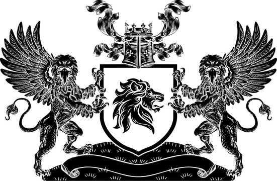 A crest coat of arms family shield seal featuring two griffins or griffons and lion